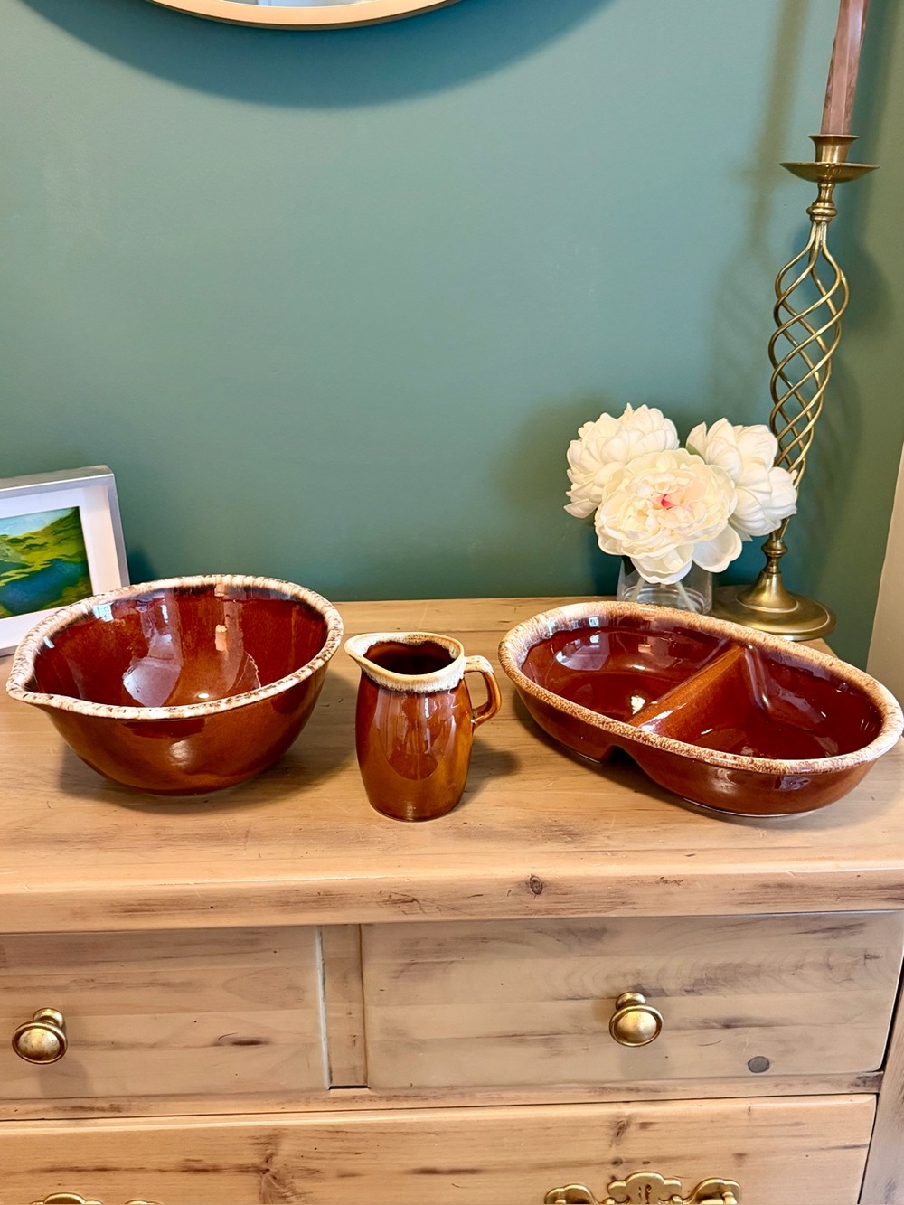 Vintage Hull Pottery Drip Glaze 3-Piece Farmhouse Serving Set 🤎